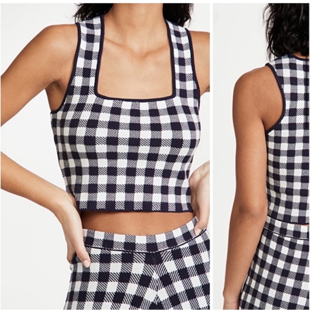 Staud Navy Gingham Top